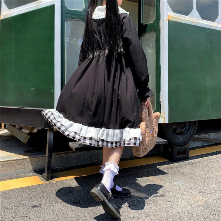 Japán Lolita Style 2020 Őszi Harajuku Gótikus Fekete Ruha Női Tengerész Gallér Hercegnő Ruha Kawaii Fodros Közepén Borjú Ruhák