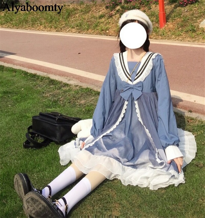 Japán Lolita Stílusú Tavaszi Nyári Női Ruha Tengerész Gallér Íj Fekete Kék Tüll Ruha Aranyos Kawaii Ruffles Mesh Party Ruhák