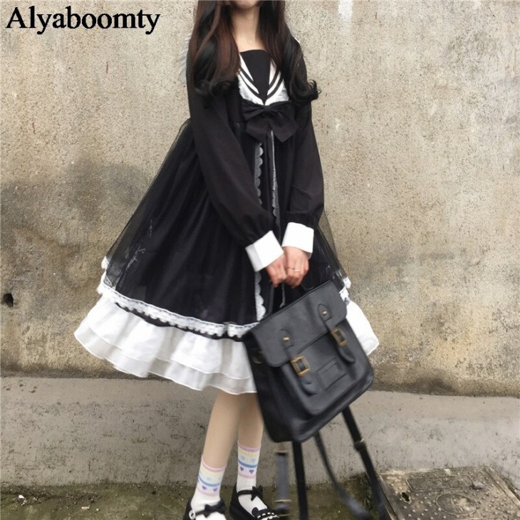 Japán Lolita Stílusú Tavaszi Nyári Női Ruha Tengerész Gallér Íj Fekete Kék Tüll Ruha Aranyos Kawaii Ruffles Mesh Party Ruhák