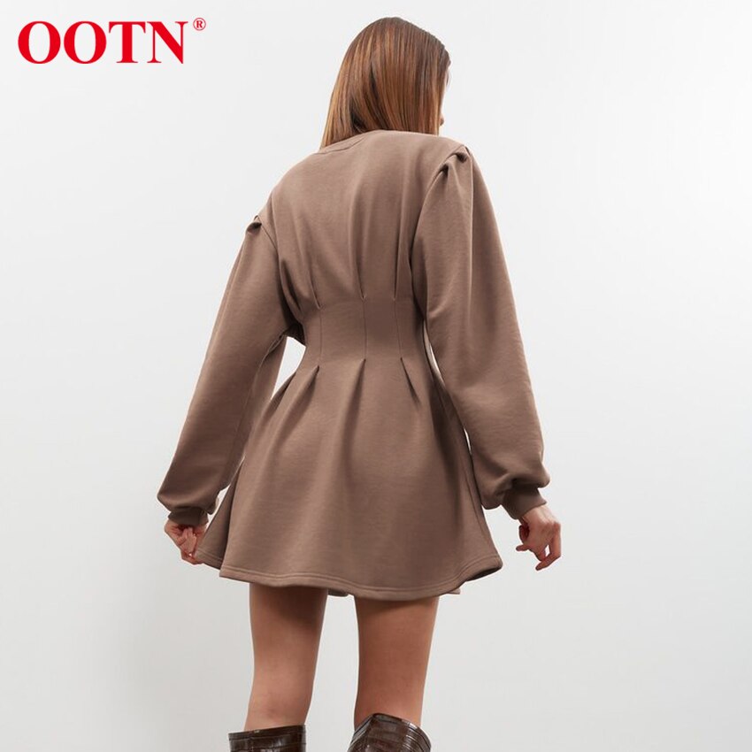 Ootn Brown Jersey Tunika Ruha Női A-Line Hosszú Ujjú Magas Derék Zipper Női Ruházat Slim Rakott Mini Dress Őszi O-Neck