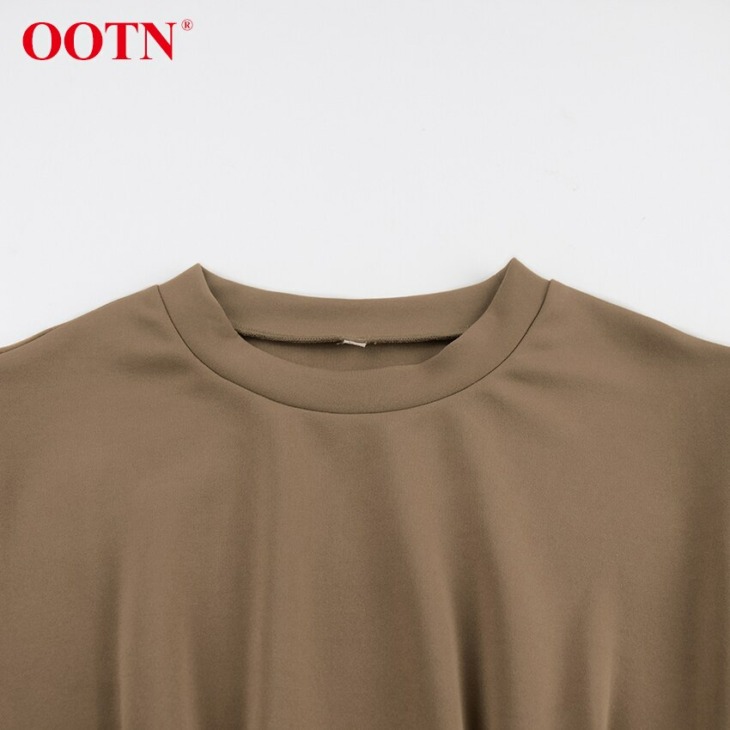 Ootn Brown Jersey Tunika Ruha Női A-Line Hosszú Ujjú Magas Derék Zipper Női Ruházat Slim Rakott Mini Dress Őszi O-Neck