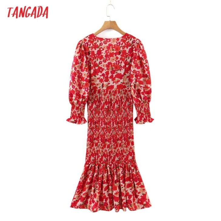 Tangada 2021 Divat Női Piros Virágos Nyomtatás Fishtail Dress V Nyak Vintage Hosszú Sleeve Office Ladies Midi Ruha 1M40