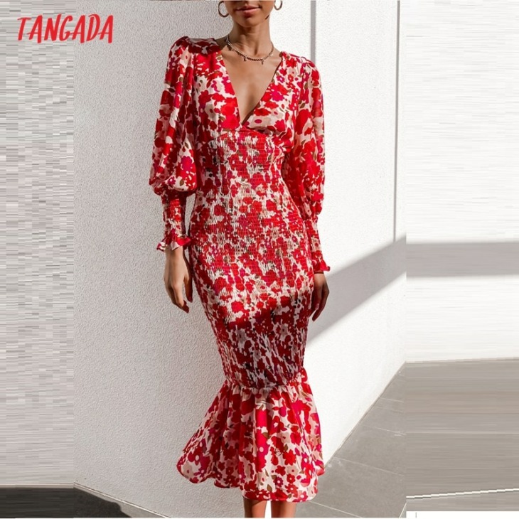 Tangada 2021 Divat Női Piros Virágos Nyomtatás Fishtail Dress V Nyak Vintage Hosszú Sleeve Office Ladies Midi Ruha 1M40