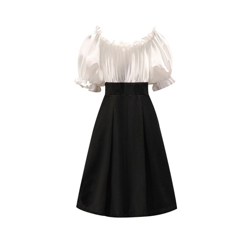 Női 2021 Summer Mini Dress Ki Váll Elegáns Magas Derék Puff Ujjú Koreai Nyaralás Fél Ruha Elegáns Női Plus Size