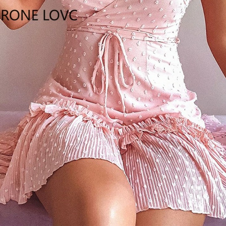 Női Ujjatlan Svájci Dot Fodros Kötött Részletes Wrap Ruha Elegáns Divat Mini Dress Chic Dress
