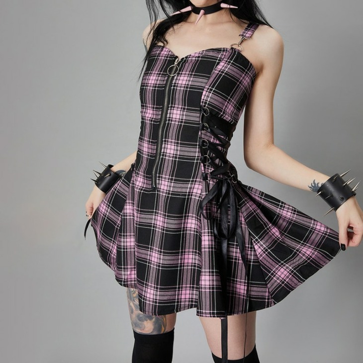 Altgirl Fairy Grunge Plaid Ruha Női Mall Goth Punk Esztétikai Y2K Zipper Bandage Corset Dress Vintage Sötét Gothic Alt Ruhák