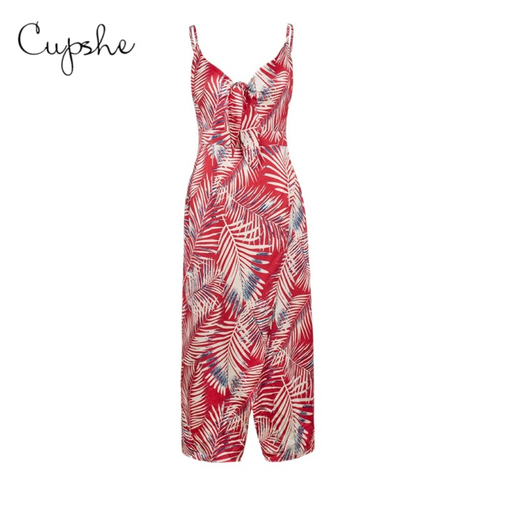 Cupshe Red Tropical Cutout Csomózott Midi Ruha Női Szexi V-Nyakú Spagetti Pántok Beach Dress 2021 Summer Sundress Vestidos