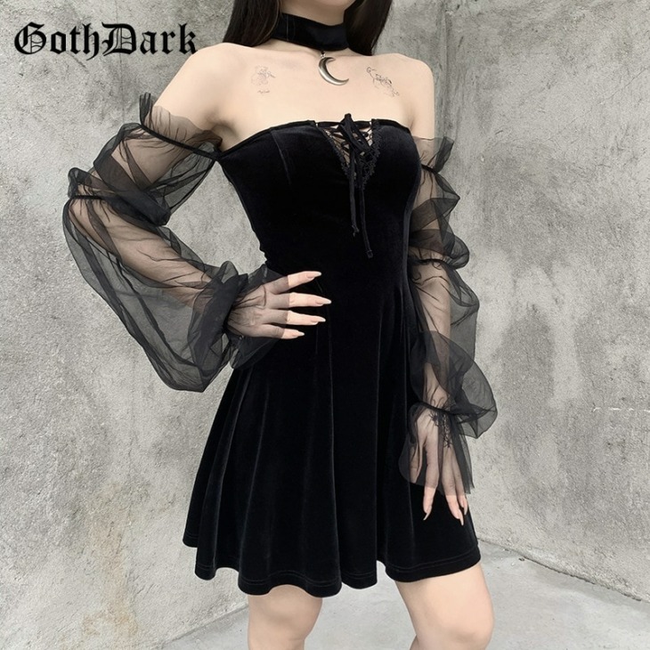 Goth Sötét Gótikus Hálós Patchwork Fekete Ruhák Magas Derék Csipke Fel Az Elülső Háttal A Váll Mini Ruhát Viselt Nők Partywear
