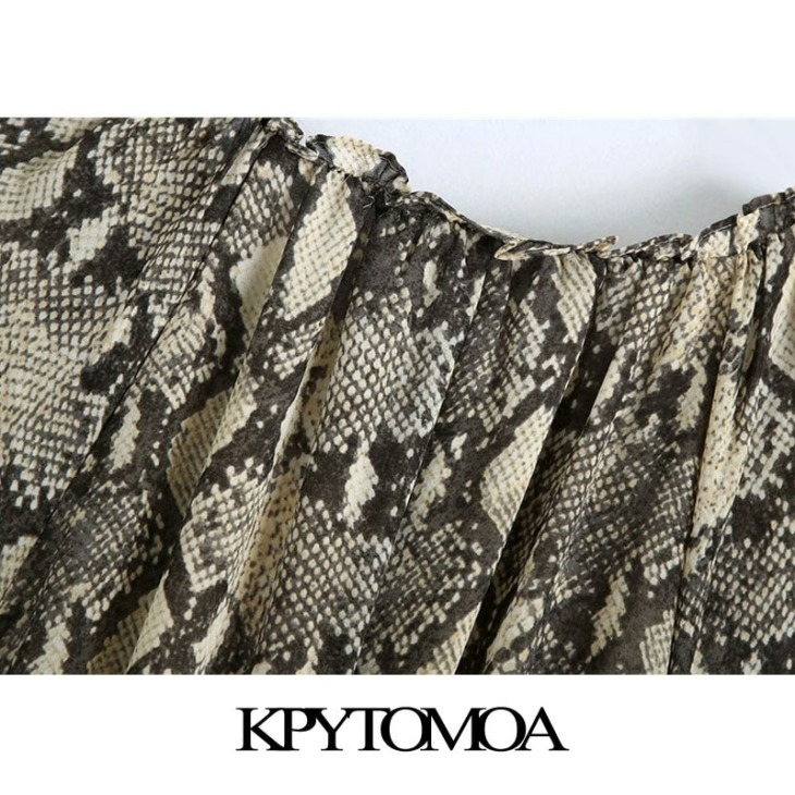 Kpytomoa Women 2021 Chic Fashion Övvel Snake Print Fodros Ruha Midi Vintage Hosszú Ujjú Elasztikus Derék Női Ruhák Mujer