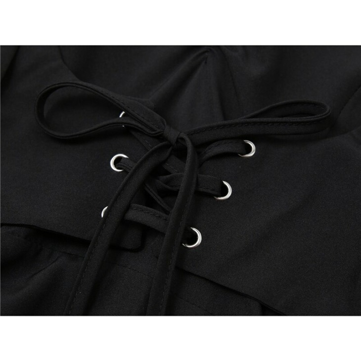 Streetwear Gótikus Ruha Női Vintage 2021 Nyári Alkalmi Puff Sleeve Harajuku Design Bandage Punk Ruffle Black Mini Ruhák Lány