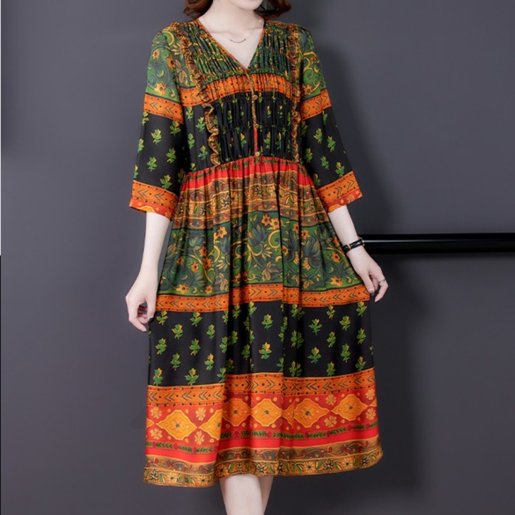 Nyári Boho Vintage Nyomtatás Mulberry Selyem Midi Ruha 2021 Tavaszi Alkalmi Laza 4Xl Plus Size Dress Női Elegáns Bodycon Vestidos