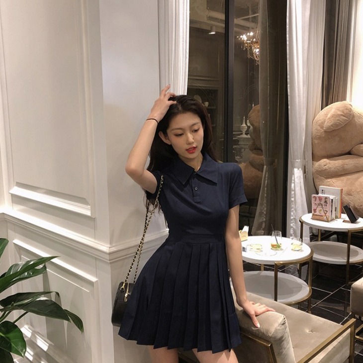 Nyári Rakott Mini Dress Női Rövid Ujjú Magas Derék Office Lady Koreai Francia Édes Fél Ruha Nyári Diák Stílus Z224
