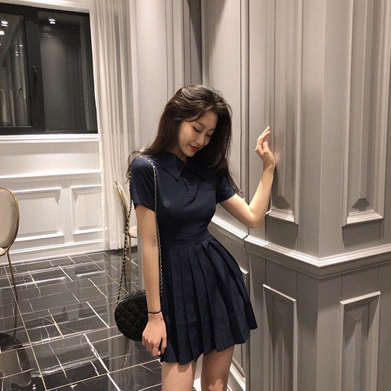 Nyári Rakott Mini Dress Női Rövid Ujjú Magas Derék Office Lady Koreai Francia Édes Fél Ruha Nyári Diák Stílus Z224