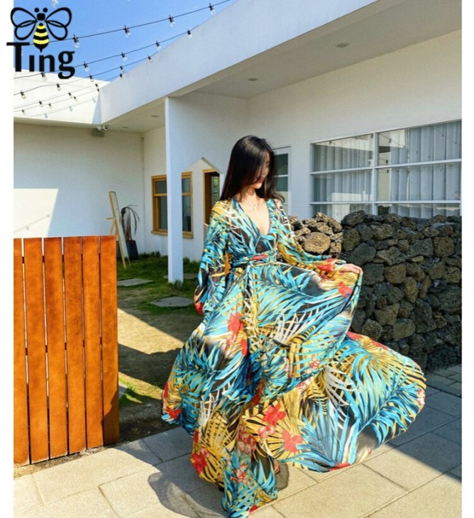 Tingfly Női Vintage Trópusi Levél Nyomtatása Virágos Maxi Köntös Boho Ruha Haut Könnyed Nyári V Nyakú Long Beach Dress Plus Size 4X