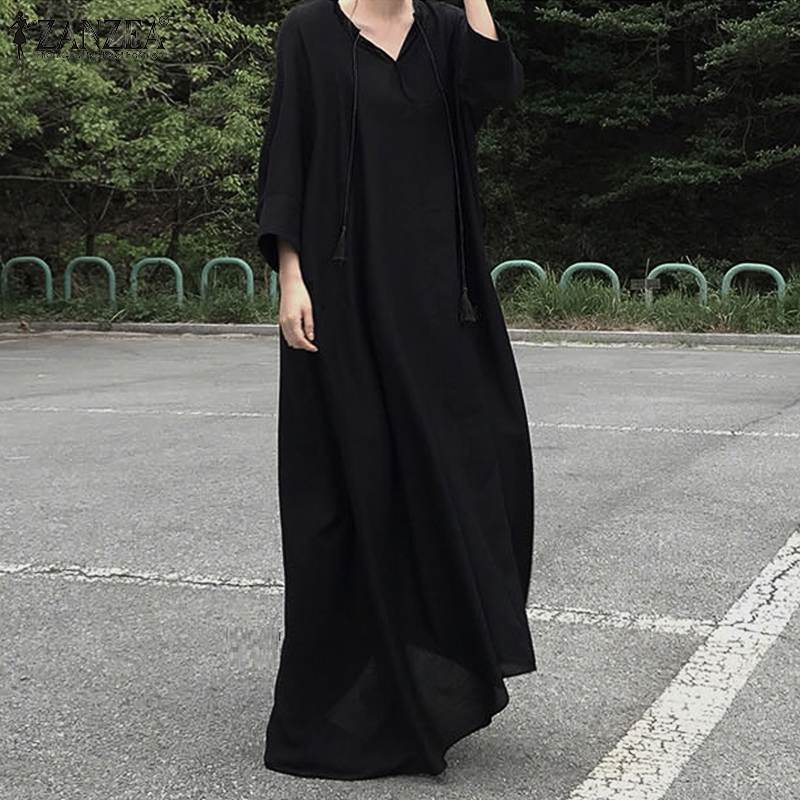 Zanzea Női Ruha Őszi Fekete Maxi Hosszú Sundress Robe Vintage V Nyakú Ujj Pamutvászon Vestido Solid Kaftan Femme 7
