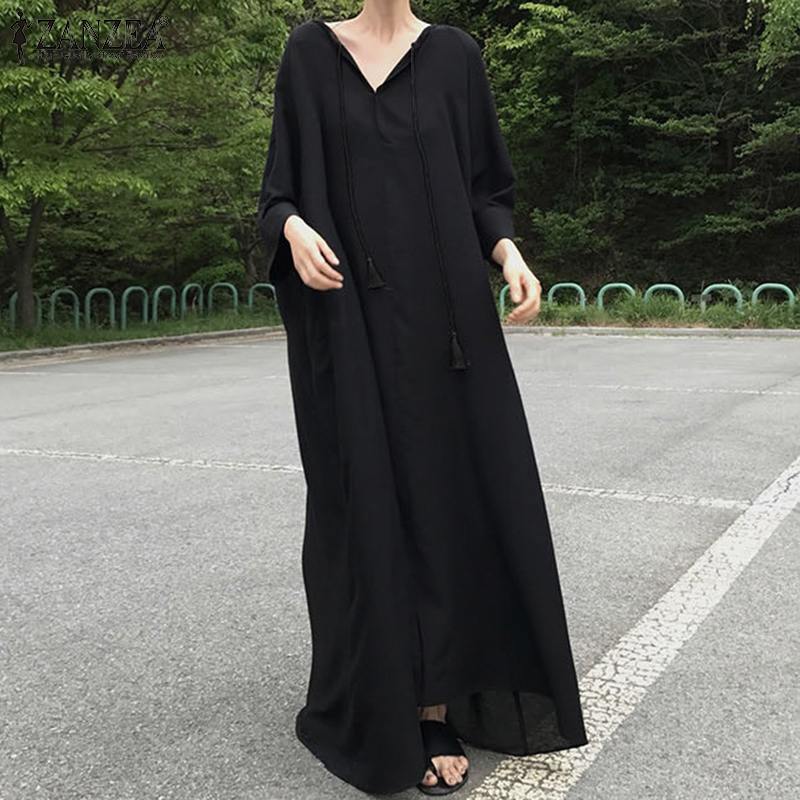 Zanzea Női Ruha Őszi Fekete Maxi Hosszú Sundress Robe Vintage V Nyakú Ujj Pamutvászon Vestido Solid Kaftan Femme 7