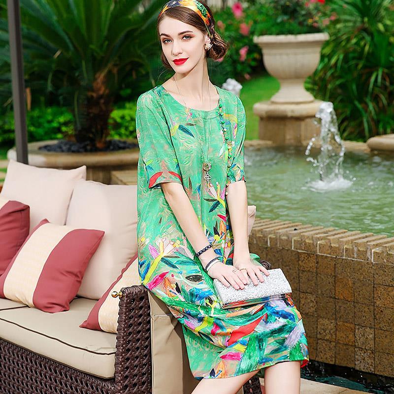 Zuoman Summer Vintage Print Mulberry Selyem Midi Ruha Női 2021 Boho Chifton 4Xl Plus Size Dress Elegant Bodycon Party Vestidos