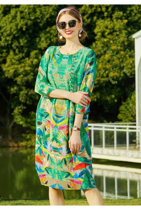 Zuoman Summer Vintage Print Mulberry Selyem Midi Ruha Női 2021 Boho Chifton 4Xl Plus Size Dress Elegant Bodycon Party Vestidos