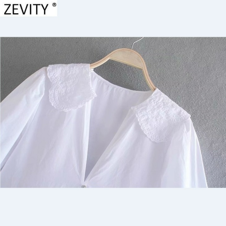 Zevity Női Édes Hollow Out Hímzés Patchwork Fehér Puplin Mini Dress Nő Chic Puff Ujjú Fodros Nyári Vestido Ds8136