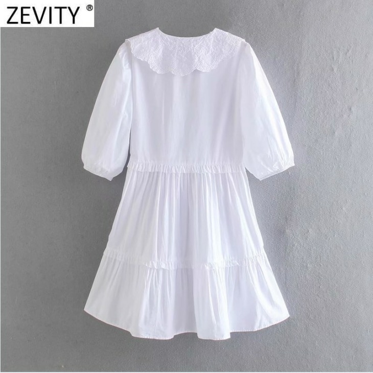 Zevity Női Édes Hollow Out Hímzés Patchwork Fehér Puplin Mini Dress Nő Chic Puff Ujjú Fodros Nyári Vestido Ds8136