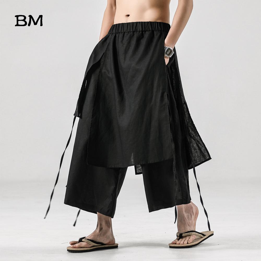 2020 Kínai Stílus Men Summer Pamutvászon Alkalmi Wide Leg Pant Szoknya Férfi Streetwear Laza Kimono Egyenes Pant