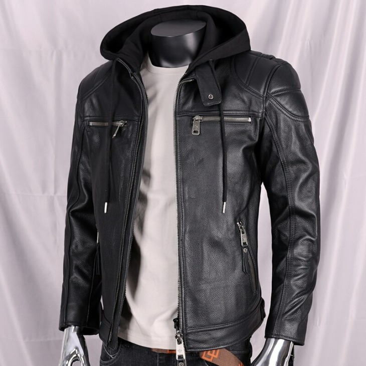 2021 Fekete Hood Valódi Bőr Kabát Men Motorkerékpár Stílus Plus Size 5Xl Valódi Természetes Marhabőr Őszi Slim Fit Bringás Kabát