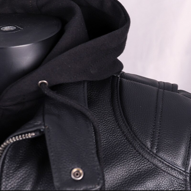 2021 Fekete Hood Valódi Bőr Kabát Men Motorkerékpár Stílus Plus Size 5Xl Valódi Természetes Marhabőr Őszi Slim Fit Bringás Kabát