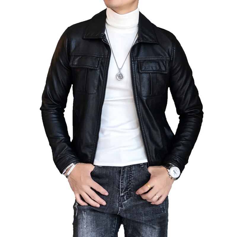 Brit Stílus Őszi Téli Solid Kapcsolja Le Gallér Vintage Pu Leather Jacket Férfi Ruha 2021 Slim Fit Zsebbel Coats 3Xl-M