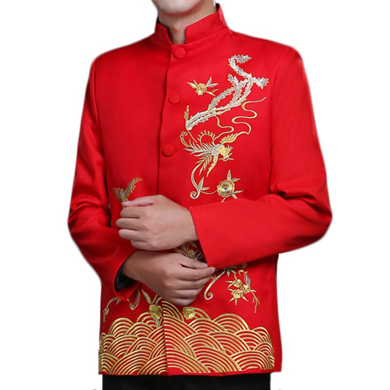 Hagyományos Kínai Phoenix Hímzés Férfi Esküvői Ruha Kabát Mandarin Gallérral Kedvező Felhők Men Red Jacket Vőlegény