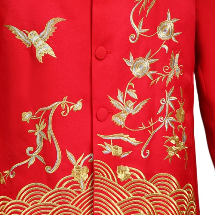 Hagyományos Kínai Phoenix Hímzés Férfi Esküvői Ruha Kabát Mandarin Gallérral Kedvező Felhők Men Red Jacket Vőlegény