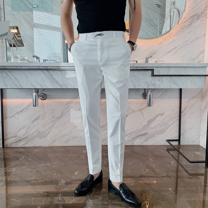 Hímzett Férfiak Üzleti Ruha Nadrág Koreai Stílusú Karcsú Fit Iroda Szociális Öltöny Pants Alkalmi Nadrág Streetwear Fekete Fehér