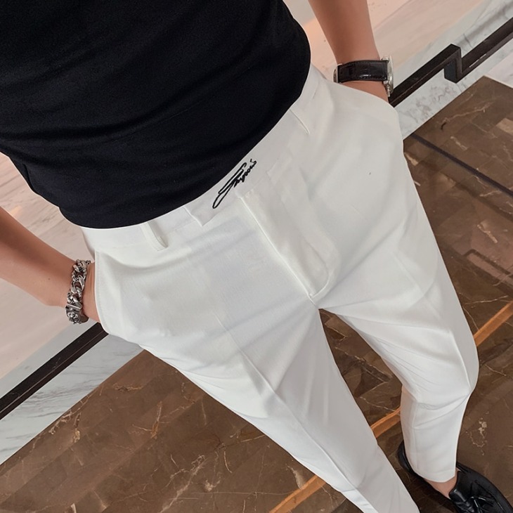 Hímzett Férfiak Üzleti Ruha Nadrág Koreai Stílusú Karcsú Fit Iroda Szociális Öltöny Pants Alkalmi Nadrág Streetwear Fekete Fehér