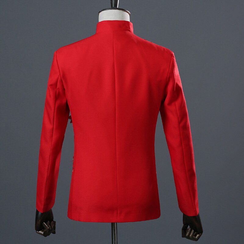 Hímzés Virágos És Strassz Díszített Férfi Öltöny Kabát Állvány Nyakörv Színpad Teljesítmény Kínai Stílusú Piros Esküvői Kabát Flitter