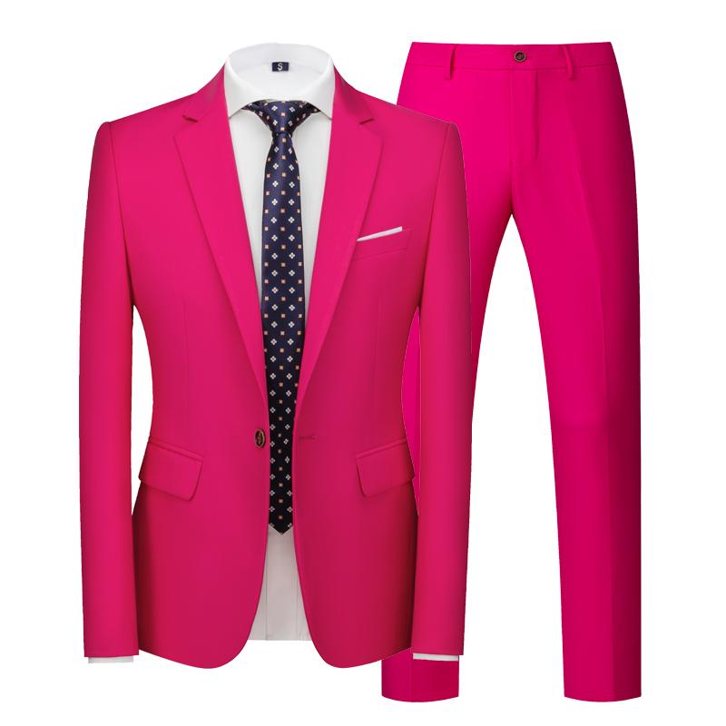 Divat Férfi 2 Db Pink Ruhák Esküvői Proms Groomsmen Slim Fit Business Pant Öltönyök Solid Color Szmokingok Suit