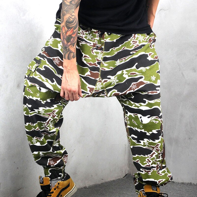 Zöld Camouflage Men Csepp Crotch Harem Sweatpants Elastic Derék Plus Size Camo Pattern Laza Alkalmi Nadrág Hip Hop