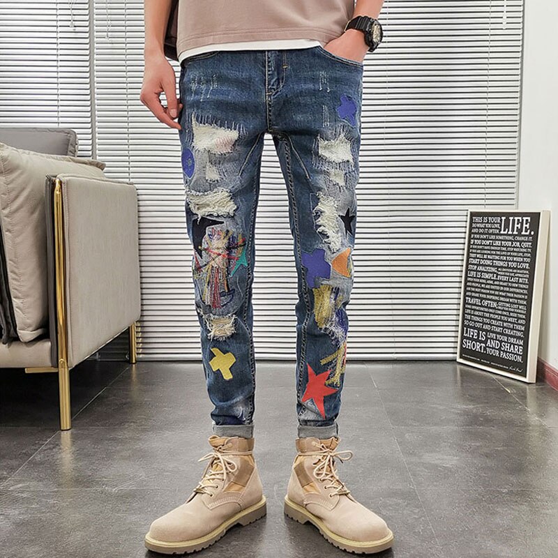 Férfi Ripped Jeans Férfi Trendi Nyári Vékony Rész Trend Vad Szép És Személyre Szabott Hímzés Nadrág Slim Feet Nadrág
