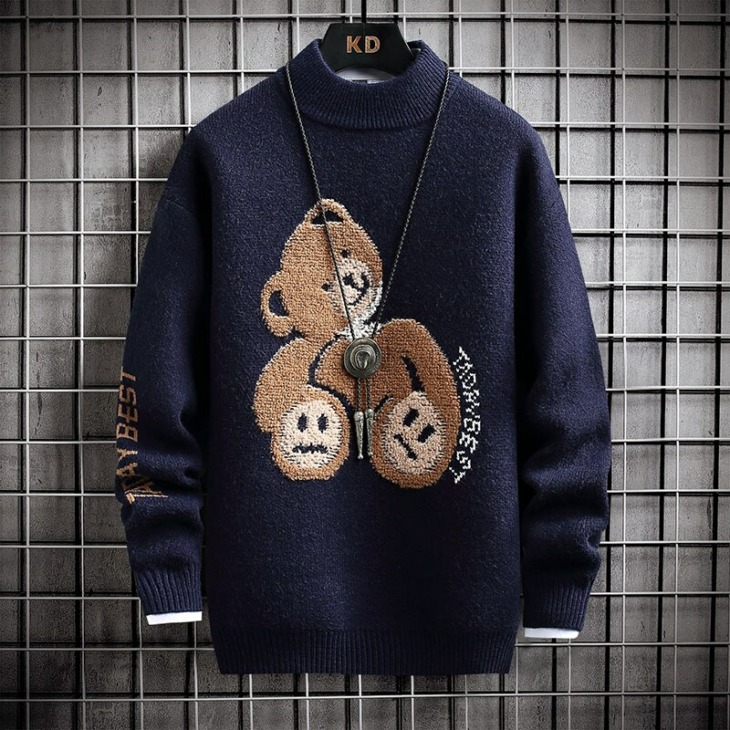Új Koreai Garbó Men Streetwear Ősz Tél Hip Hop Mens Karácsonyi Pulóverek Bear Printed Kötött Kasmír Pulóver