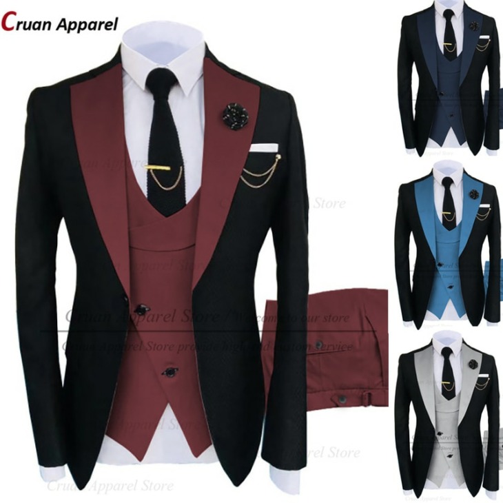 Legújabb Brand Fekete Férfi Suit Set 3 Db Esküvői Vőlegény Men Ruha Tuxedo Divat Prom Business Ruha Formai Jacket Mellény Nadrág