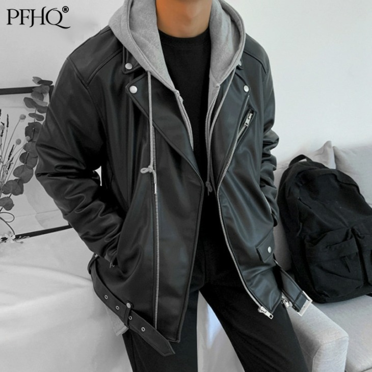 Pfhq Men Ruházat, Fekete Műbőr Kabát Koreai Trend Szép Őszi Kabátok Férfi Streewear Alkalmi Kabát Trend Ruházat 21D2759