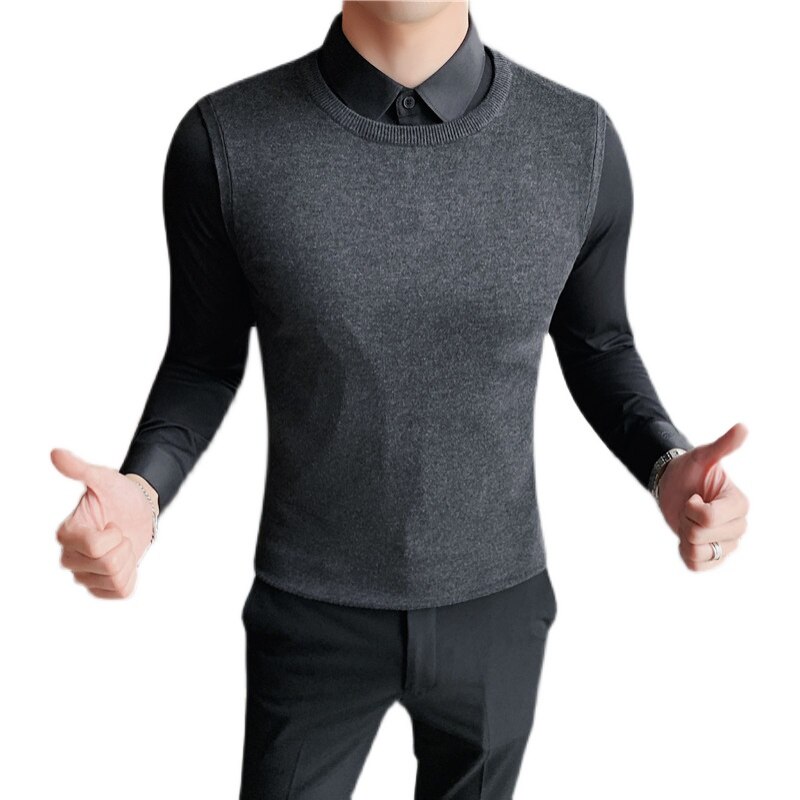 Plus Size 4Xl Ősz Tél Fake-2Db Ing Spliced ​​Mellény Pulóver Pulóverek For Men Ruházat 2022 Slim Fit Alkalmi Pull Homme