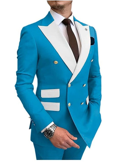 Tailor Made Slim Fit Man Suit Sky Blue Peak Lapel Bridegroom Best Man Tuxedo Set 2 Darab (Blazer Pant) Esküvő Az Ember Öltönyt