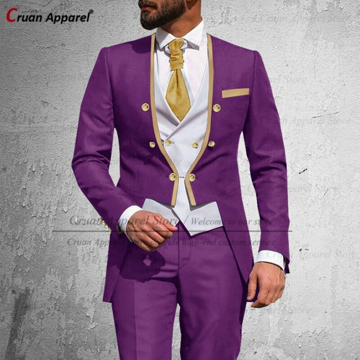 Tailor-Made New Luxury Charcoal Men Suit 3 Diar Slim Fit Esküvő Best Man Groom Txixedo Gold Trim Blazer Vest Pants Set Tailcoat