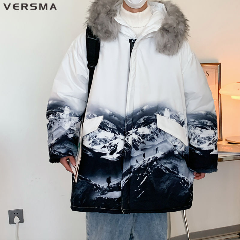 Viasma Korean Harajuku Hood Snoge Mounting Print Jack Coat Men Para Téli Hip Hop Streetwear Hosszú Szőrme Gallér Mens Windbreaker