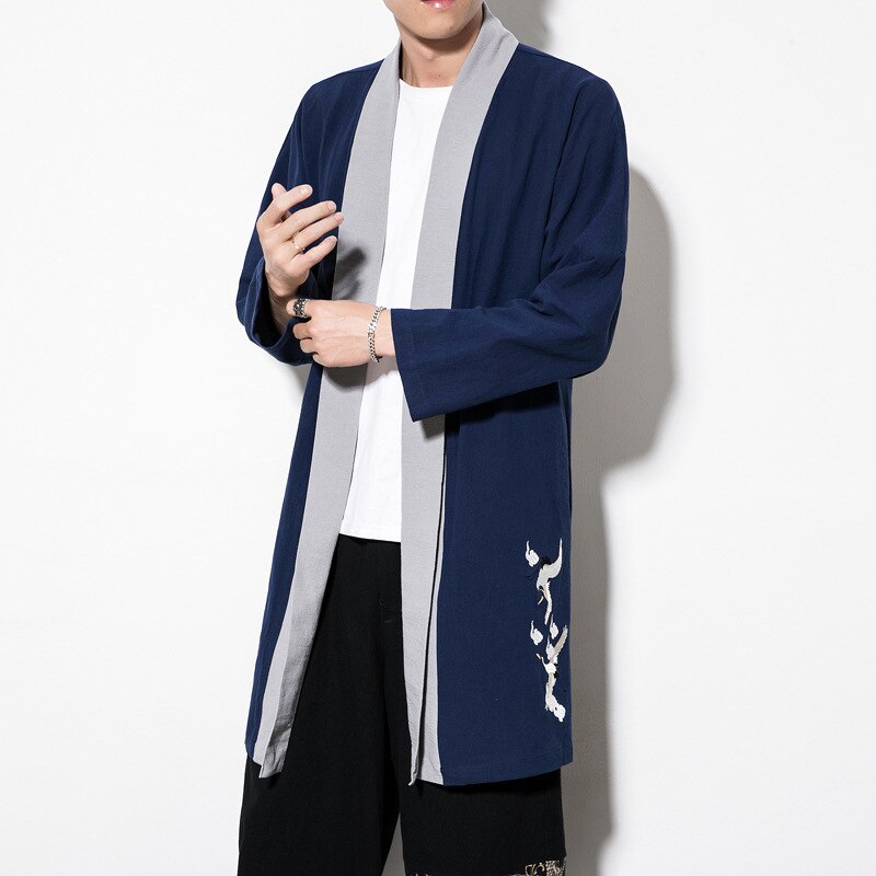 # 4206 Kék Fekete Piros Kimonó Kabát Férfi Hosszú Laza Plusz Méretű 4Xl 5Xl Vintage Alkalmi Pamut Vászon Hosszú Kimono Kabát Férfi