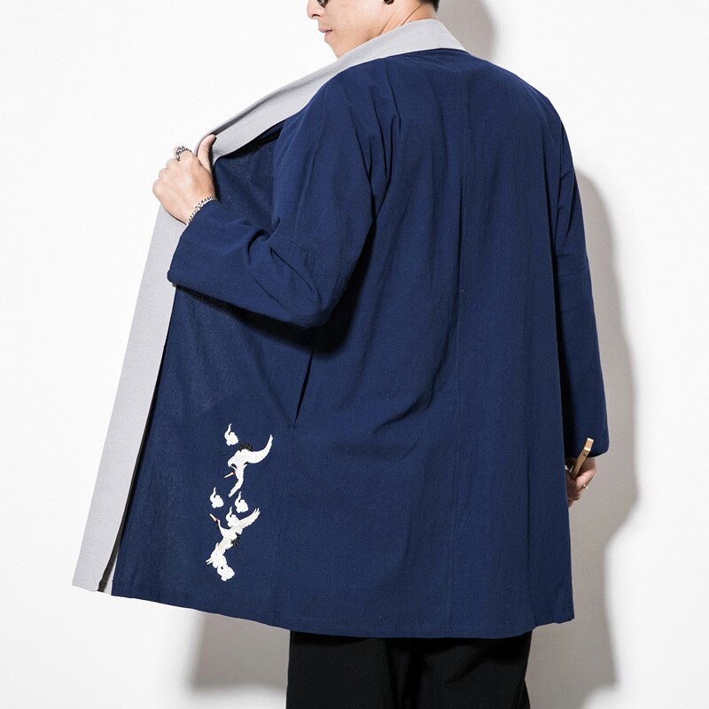 # 4206 Kék Fekete Piros Kimonó Kabát Férfi Hosszú Laza Plusz Méretű 4Xl 5Xl Vintage Alkalmi Pamut Vászon Hosszú Kimono Kabát Férfi