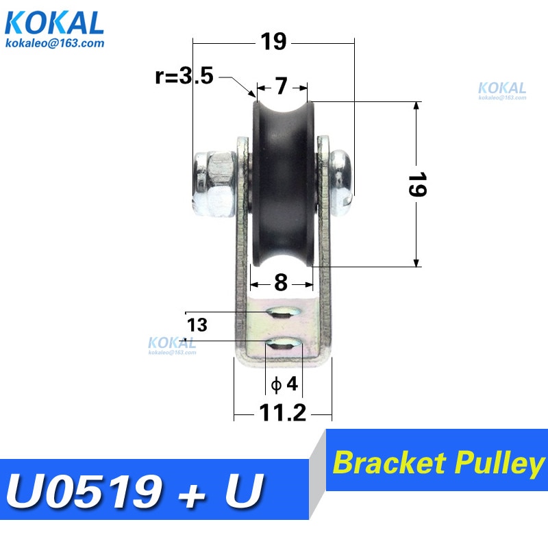 [U0519 U] 1db háromszög alakú konzol / l konzol, belső dia 5mm U-hornyolt kerék, csapágyhuzal kötél tekercs / daru / vezető kerék 5x19x7
