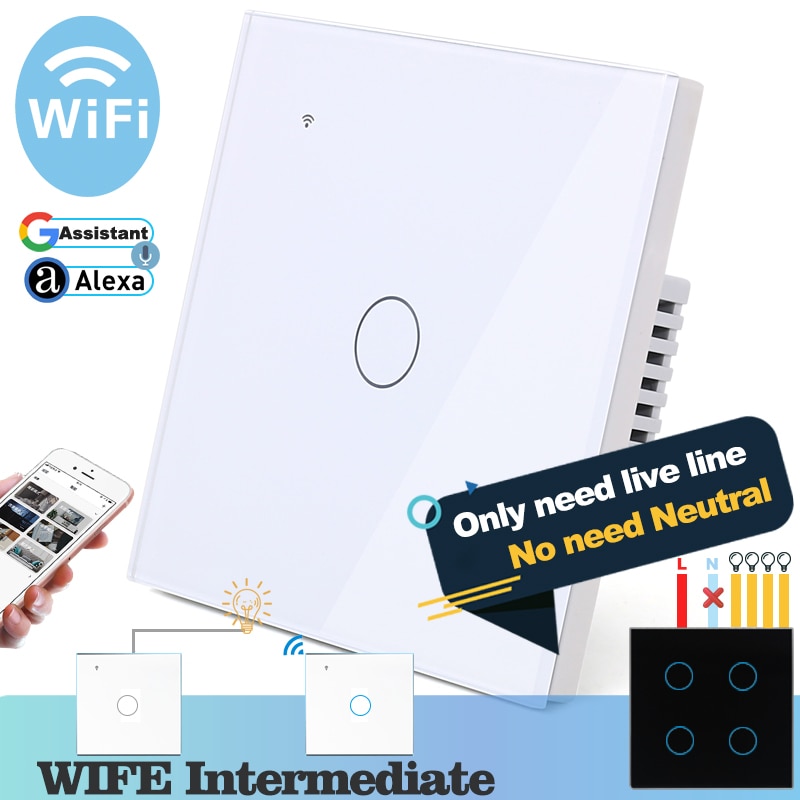 (Nincs szükség semleges) WiFi érintés fényfal kapcsoló fehér üveg kék LED intelligens otthoni telefonvezérlés 1 banda 2 út Alexa Google Home