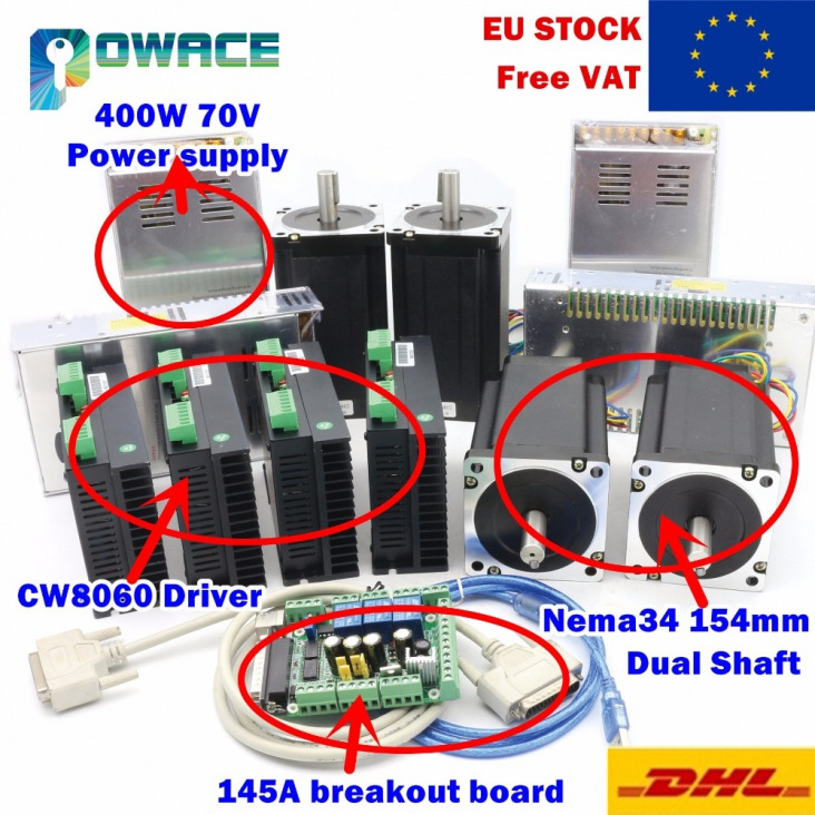 [EU Delivery] 4Axis Nema34 154mm CNC léptetőmotor (Dual tengely) 5.0a / 1600oz-in és illesztőprogram 6A 80VDC 256 mikrolépés & Power Supply