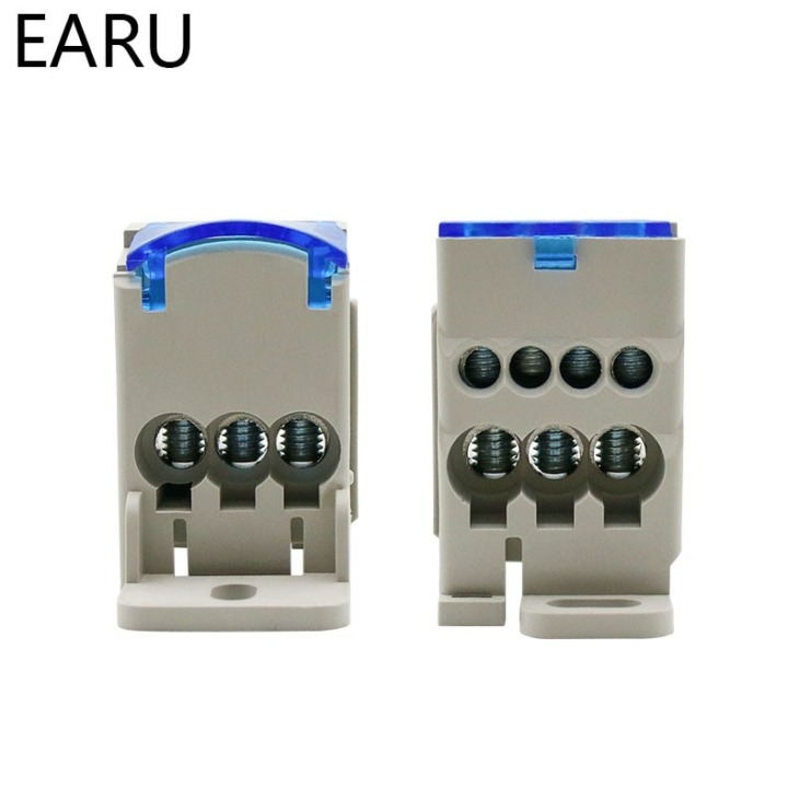 Bornier électrique UKK-80A Pour Rail DIN – 1 Entrée 16mm², 2 Sorties 16mm² – Couvercle Transparent