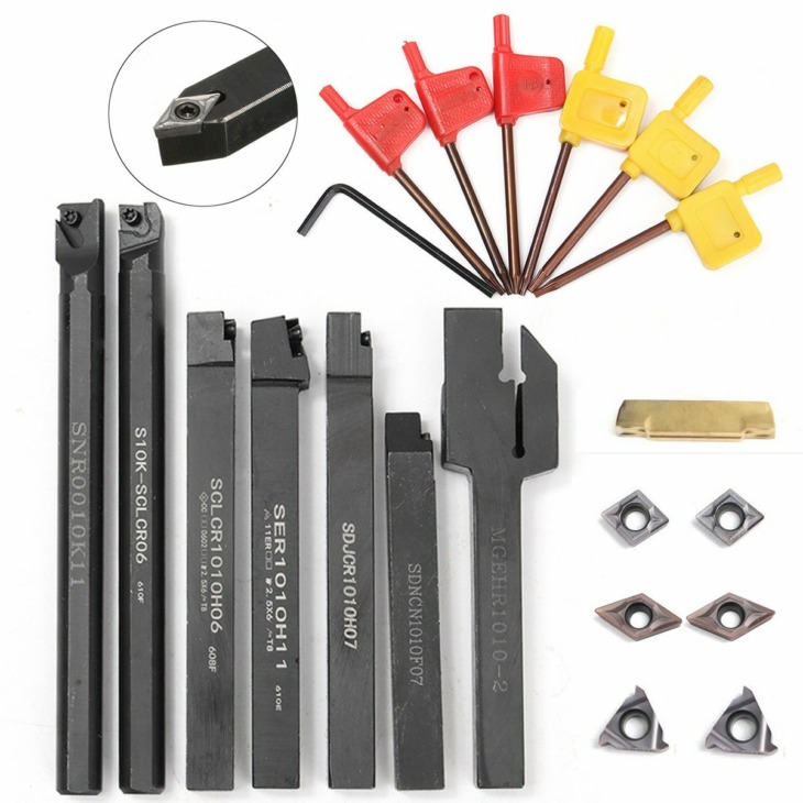 7 Piece 12mm Lathe Turning Tool Holder Set With 14 DCMT/CCMT Carbide Inserts